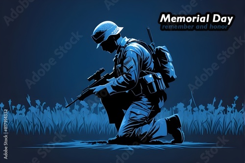 soldier kneeling and memorizing sacrifice of fallen heroes for memorial day concept, remember and honor. photo