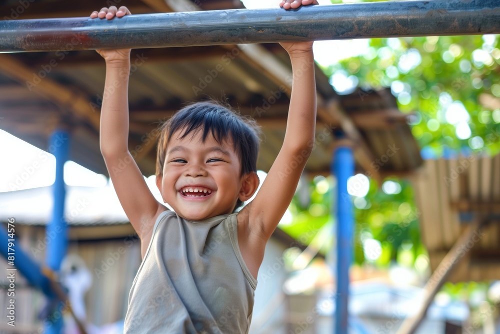 Happy child hanging on a playground bar, smiling and enjoying outdoor playtime on a sunny day. Happy child hanging on a playground bar, smiling and enjoying outdoor playtime on a sunny day.