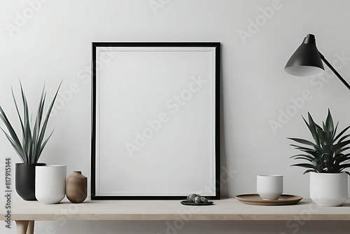Frame Blank Mock-up minimalist. Frame Mock-up with Candle and Plant