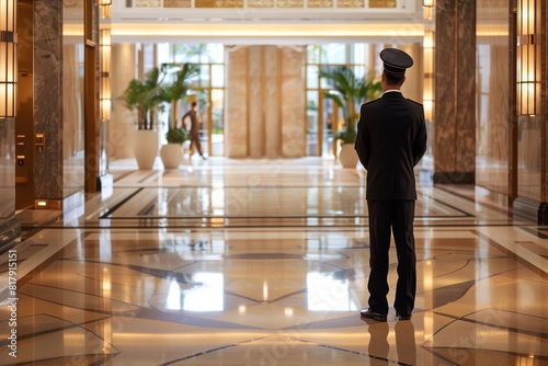 Luxurious hotel lobby with a polished marble floor, elegant lighting, and a uniformed doorman standing near the entrance.
