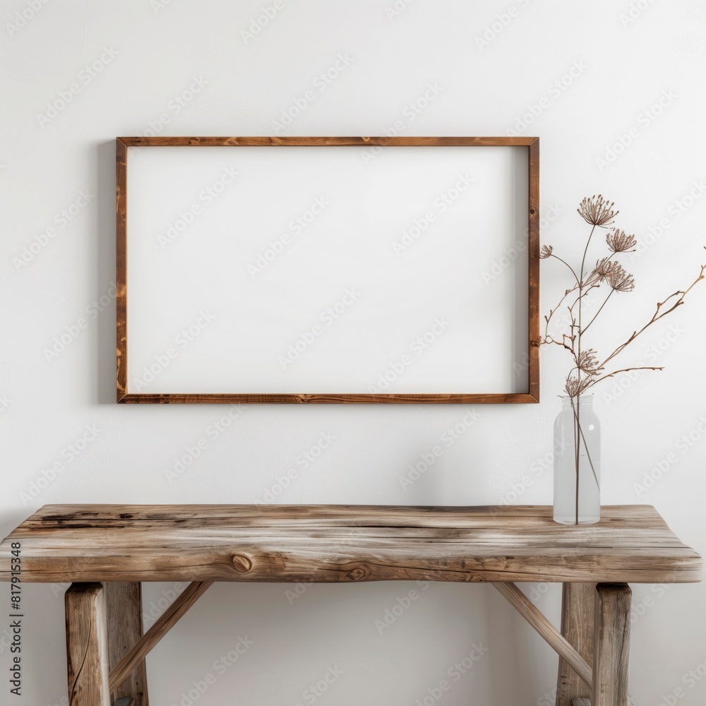 Wooden frame mockup. Wooden table and flowers vase Wooden frame mockup. Wooden table and flowers vase