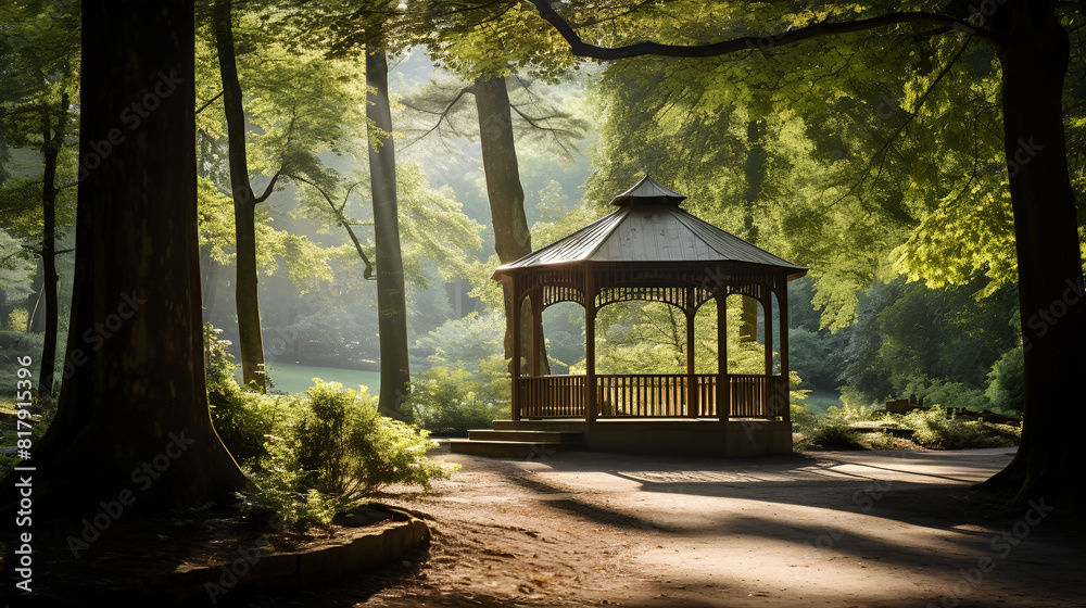 Beautiful wooden gazebo nestled in the heart of a lush forest Beautiful wooden gazebo nestled in the heart of a lush forest