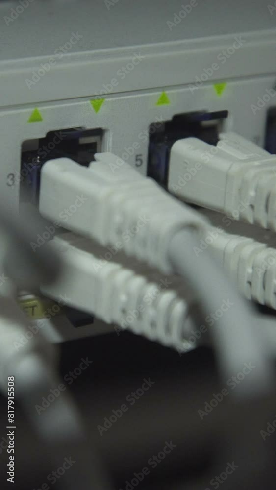 Closeup view of modern server computer with plenty of cables in rack with indicators blinking. Vertical shot. Closeup view of modern server computer with plenty of cables in rack with indicators blinking. Vertical shot.