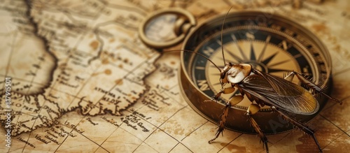 Cockroach on an Adventure A Vintage Map with a Compass