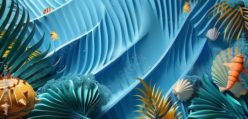 Abstract background, tropical elements such as palm fronds, seashells, tropical fish motifs within the blue geometric stripes 