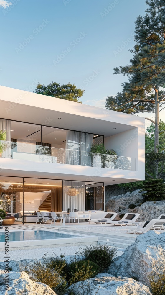 a modern architecture villa on the Mediterranean coast, a pristine pool amidst rugged rocks and towering pine trees, its white exterior bathed in natural light, evoking a vibrant summer mood.