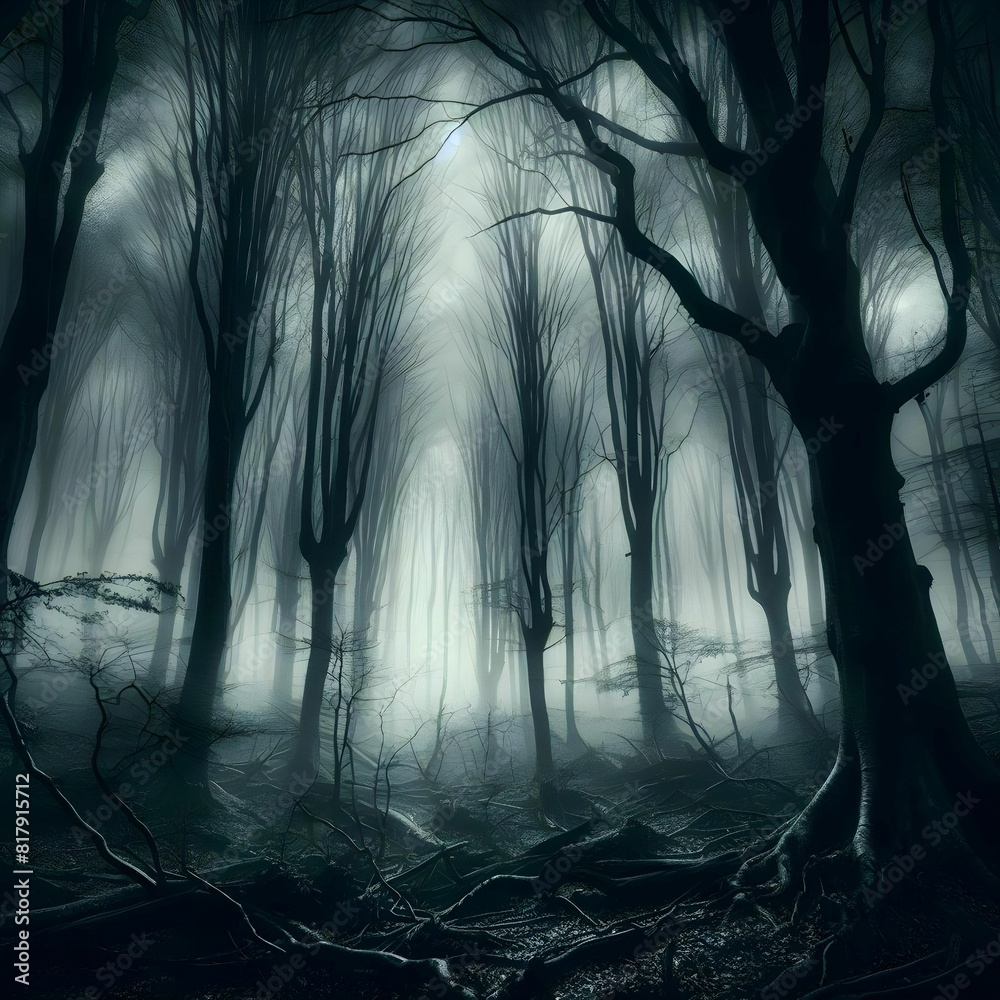 Eerie, haunted forest, shrouded in fog, gothic art Eerie, haunted forest, shrouded in fog, gothic art