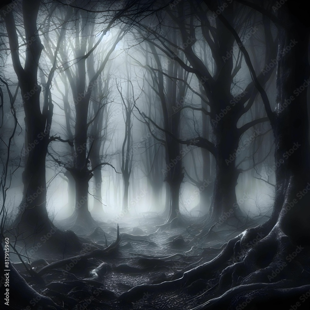 Obraz premium Eerie, haunted forest, shrouded in fog, gothic art