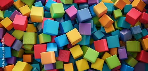 Abstract background, Many toy blocks in different colors making up one large square shape in top view.