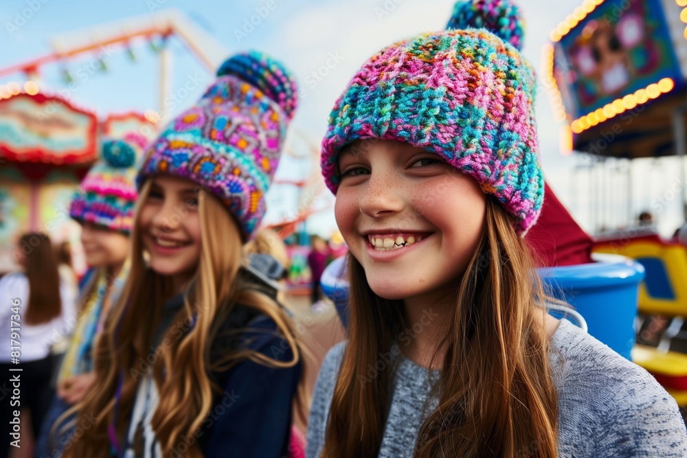 Smiling girls in colorful knit hats enjoy a day at the amusement park with rides and attractions in the background. Smiling girls in colorful knit hats enjoy a day at the amusement park with rides and attractions in the background.