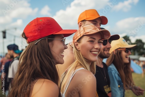 A group of cheerful friends wearing colorful caps enjoying an outdoor event on a sunny day. © studioworkstock