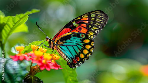 A close-up of a colorful butterfly on a flower 