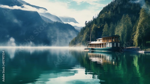 A luxury steamer is floating on the lake, surrounded by mountains and forests