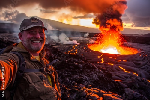 A man taking a selfie in front of an erupting volcano with lava flowing and smoke plumes under a dramatic sunset sky.