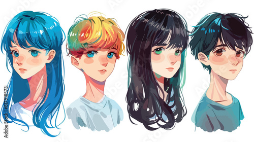 Four of cute anime characters avatar. Cartoon girls a