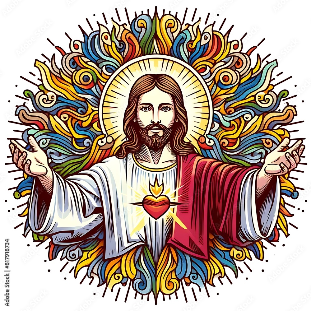 A drawing of a jesus christ with his arms out image card design used for printing meaning used for printing.