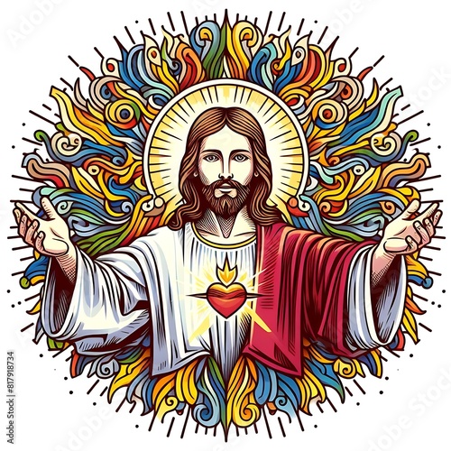 A drawing of a jesus christ with his arms out image card design used for printing meaning used for printing.
