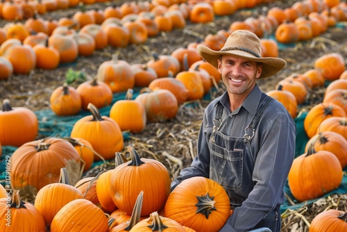 Smiling farmer in overalls and hat sitting among rows of pumpkins in a pumpkin patch. Autumn harvest and agritourism concept.