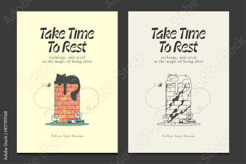retro posters or graphic t-shirt designs with a cute cat cartoon character, vector illustration