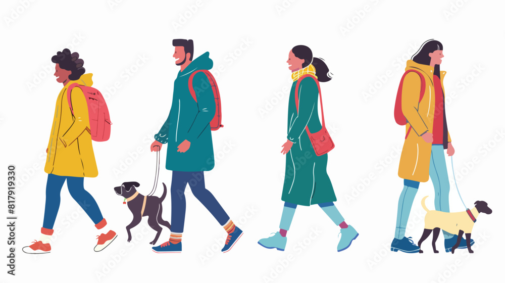 Four of diverse people walking going running strollin