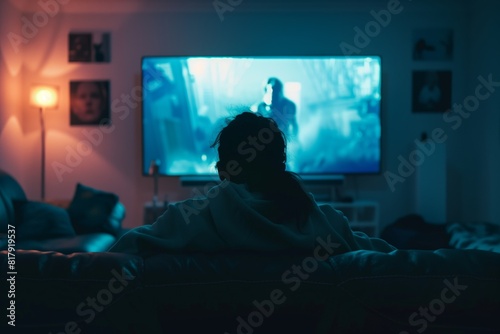 Person sitting on a couch in a dimly lit living room, watching a large TV screen emitting a blue glow.