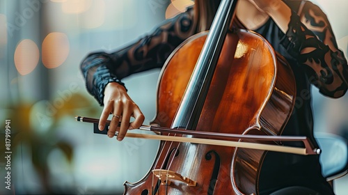 A woman playing the cello. Concept of elegance and sophistication, as the woman is dressed in a black dress and is focused on her instrument. The cello itself is a large