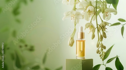 A bottle of face oil is placed on top, a flower hanging by it, against a green background.