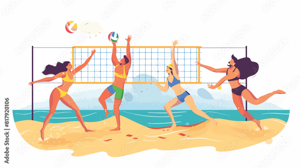 Four of happy people playing beach volleyball on sand
