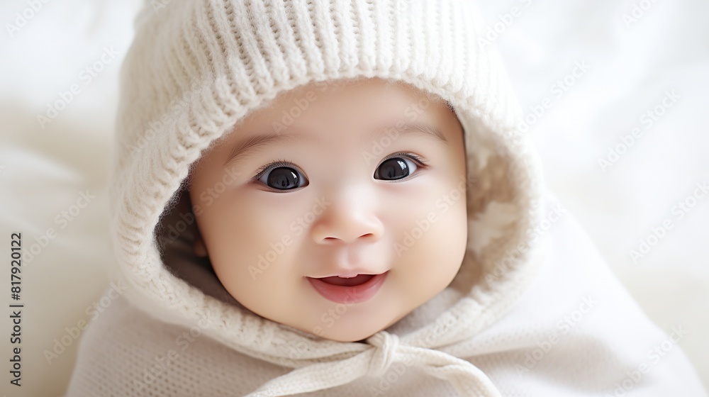 portrait of a cute smiling baby. Cute baby in bed on his stomach with his head up looking with his big eyes. Warm and soft beige clothing. Close up. portrait of a cute smiling baby. Cute baby in bed on his stomach with his head up looking with his big eyes. Warm and soft beige clothing. Close up.
