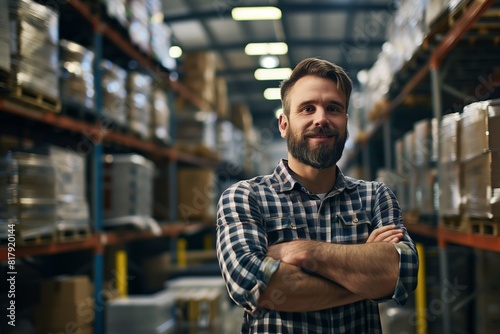Confident warehouse worker standing with arms crossed, surrounded by shelves filled with boxes and packages in a well-organized distribution center.