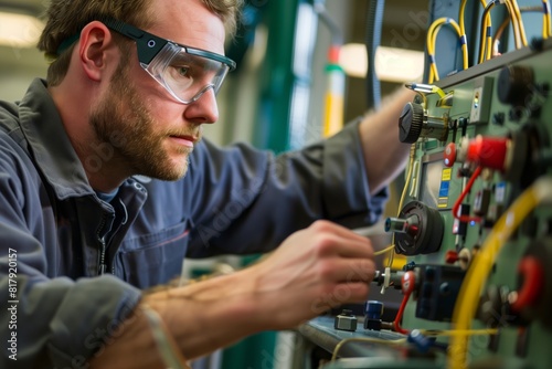 Engineer adjusting machinery equipment in a workshop, wearing safety goggles and work attire, focusing on precision and technical adjustments. photo