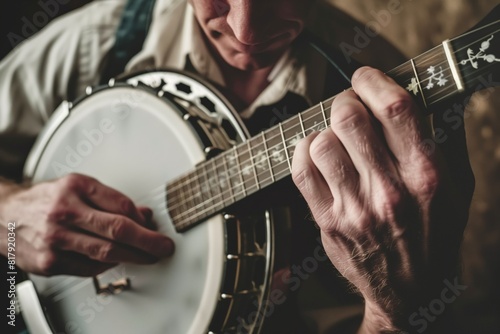Close-up of a person playing a banjo, focusing on the hands and strings, showcasing intricate finger movements and instrument details. photo