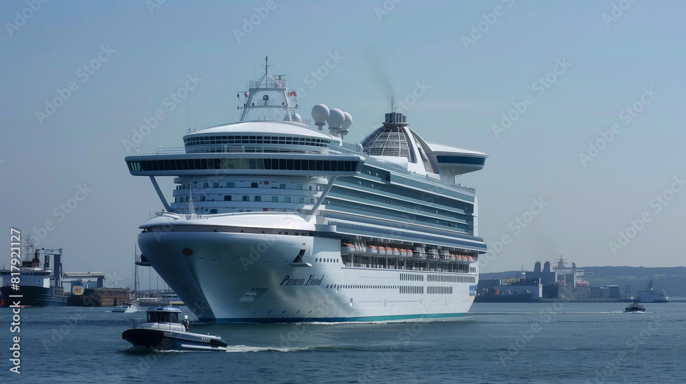 The large cruise ship is sailing in the sea, with white paint and blue glass windows on its side The large cruise ship is sailing in the sea, with white paint and blue glass windows on its side