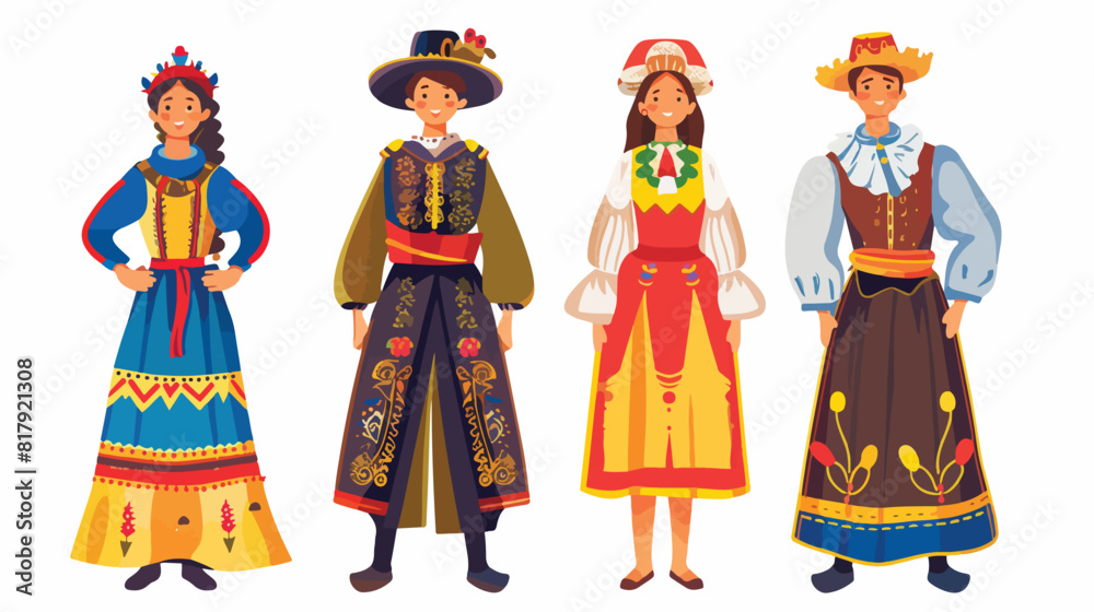 Four of men and women dressed in folk costumes of var