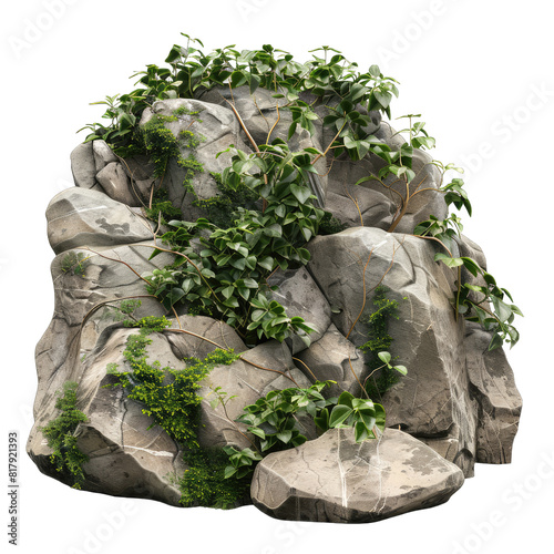 Large rocks with overgrown foliage and moss photo