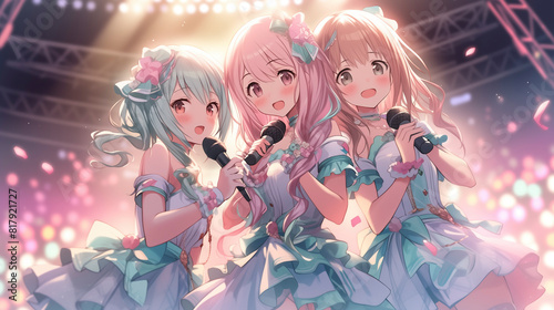 Three cute popular anime girl idol singers on stage photo