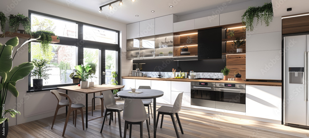 Modern kitchen with island, dining table and chairs, white cabinets, black wood counter top, brown leather barstools, wooden shelves filled with glass bottles of wine and spices