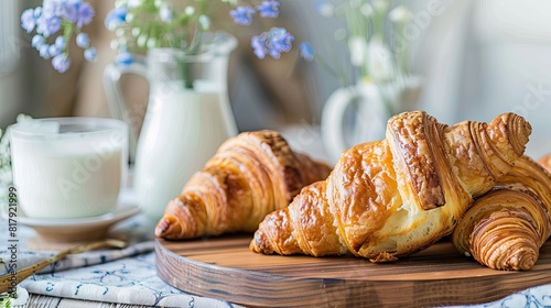 delicious croissants accompanied by a glass of milk  showcased in a close-up shot bathed in the soft morning light  evoking a warm and cozy atmosphere perfect for breakfast.