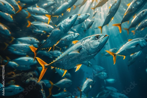 Tuna fish swimming in a school, perfect for commercial fishing concepts.