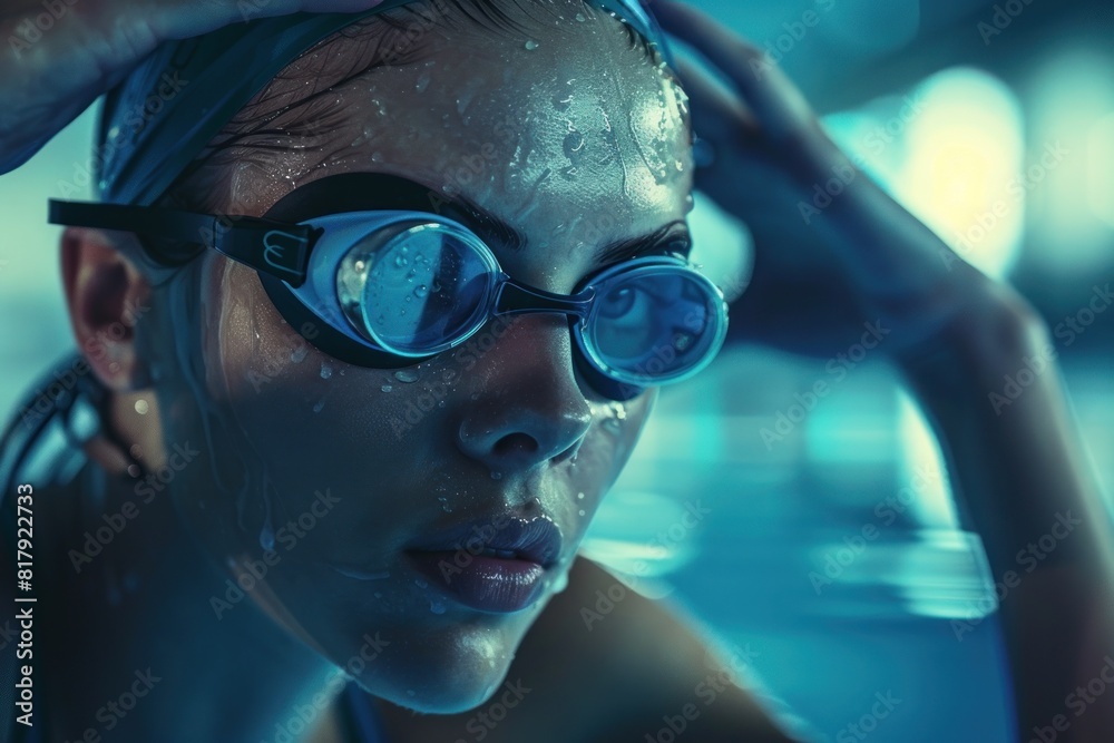 Swimmer with hand on goggles Swimmer with hand on goggles