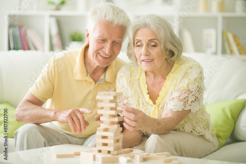 Portrait of happy senior couple playing with wooden blocks at home