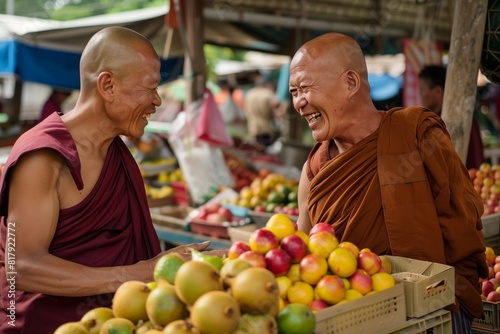 Two monks sharing a joyful moment in a vibrant market surrounded by colorful fruits, reflecting cultural and social interaction.