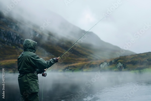 A person in a raincoat is fly fishing in a misty, mountainous landscape, standing by the calm water. © studioworkstock