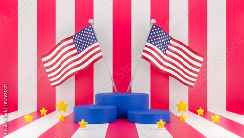 3D render USA podium stage display illustration. American flag pole on red and white stripe background