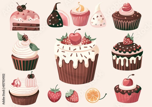 Assorted Delicious Cupcakes and Fruit Desserts Illustration Set