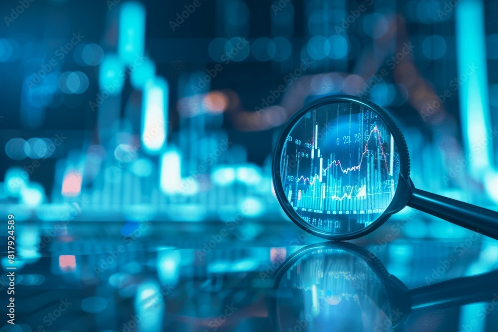 Light blue background, use magnifying glass to view data graph