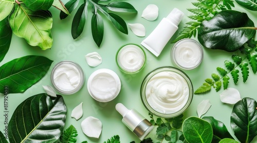 green beauty products, featuring face creams and eye serums, nestled among fresh leaves on an olive green background, highlighting the natural ingredients and organic quality of these cosmetics.