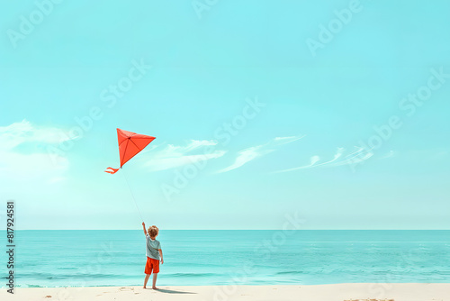 A vibrant photo of a young boy flying a kite at the beach on a solid light blue background with ample copy space