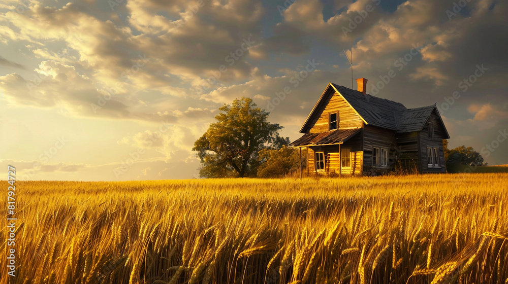 A rustic farmhouse surrounded by golden fields of wheat A rustic farmhouse surrounded by golden fields of wheat