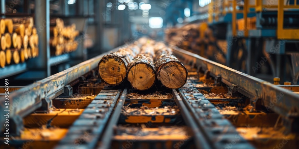 wood logs on a conveyor belt, transporting wood raw materials in a factory or sawmill. Generative AI wood logs on a conveyor belt, transporting wood raw materials in a factory or sawmill. Generative AI